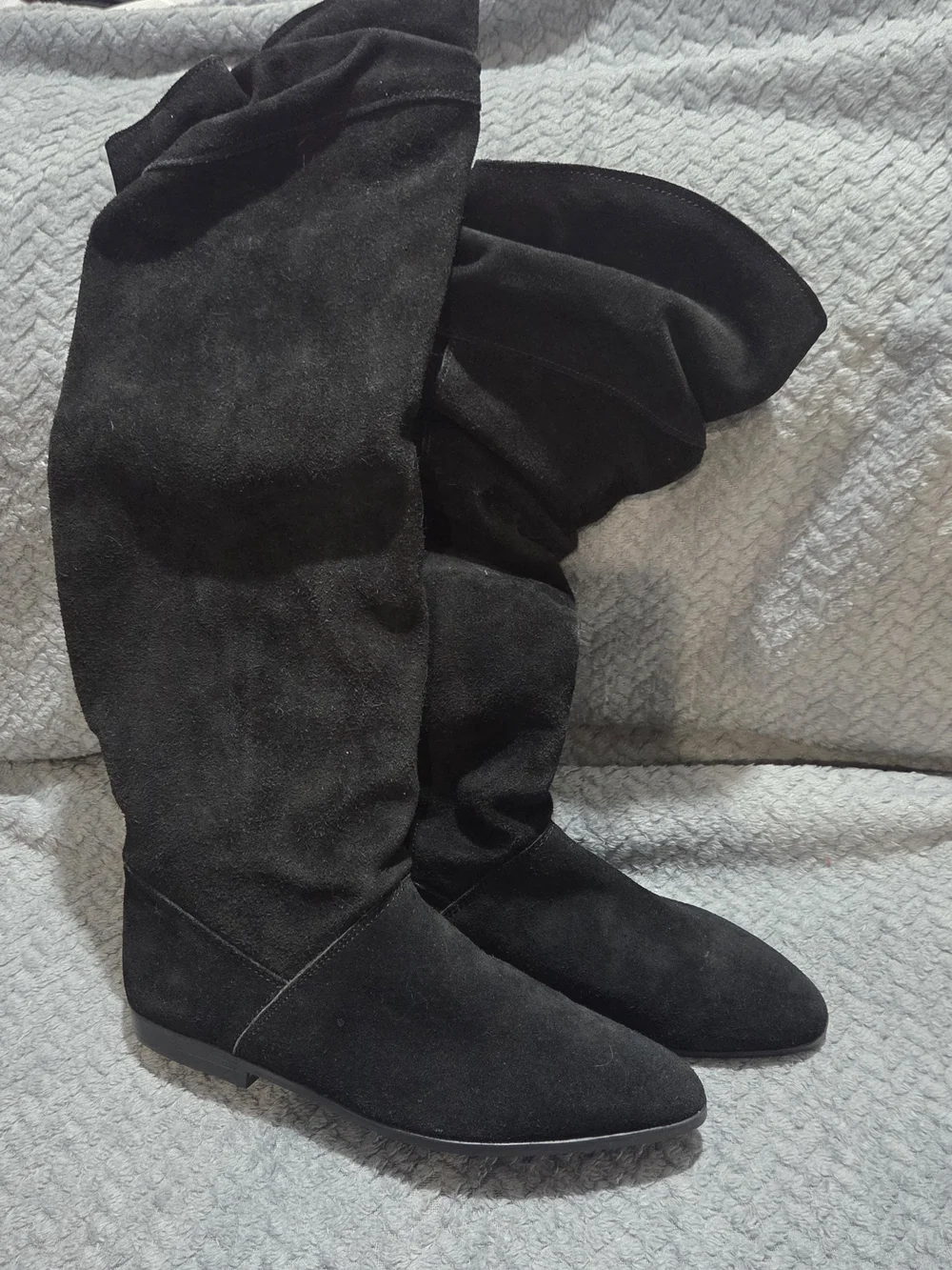 NEW Black Genuine Suede Flat Slouch Boots Made in Spain Size 8.5